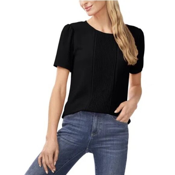 CeCe Black Short Puff Sleeve Pleated Front Boxy Fit Blouse Size XS - Picture 1 of 4